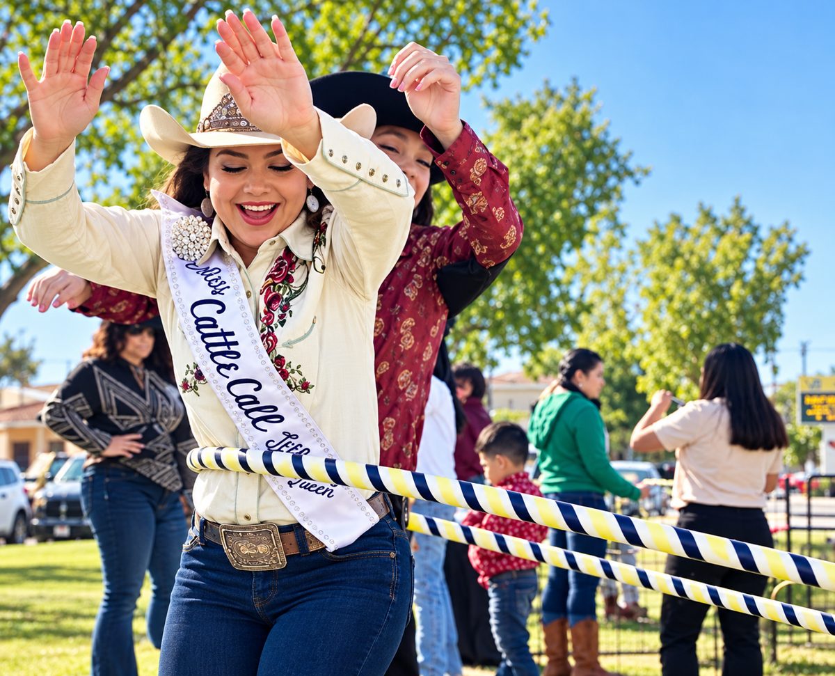 Cattle Call Queen in her sash and cowboy hat laughing and playing at a Sunshine Hoops western event