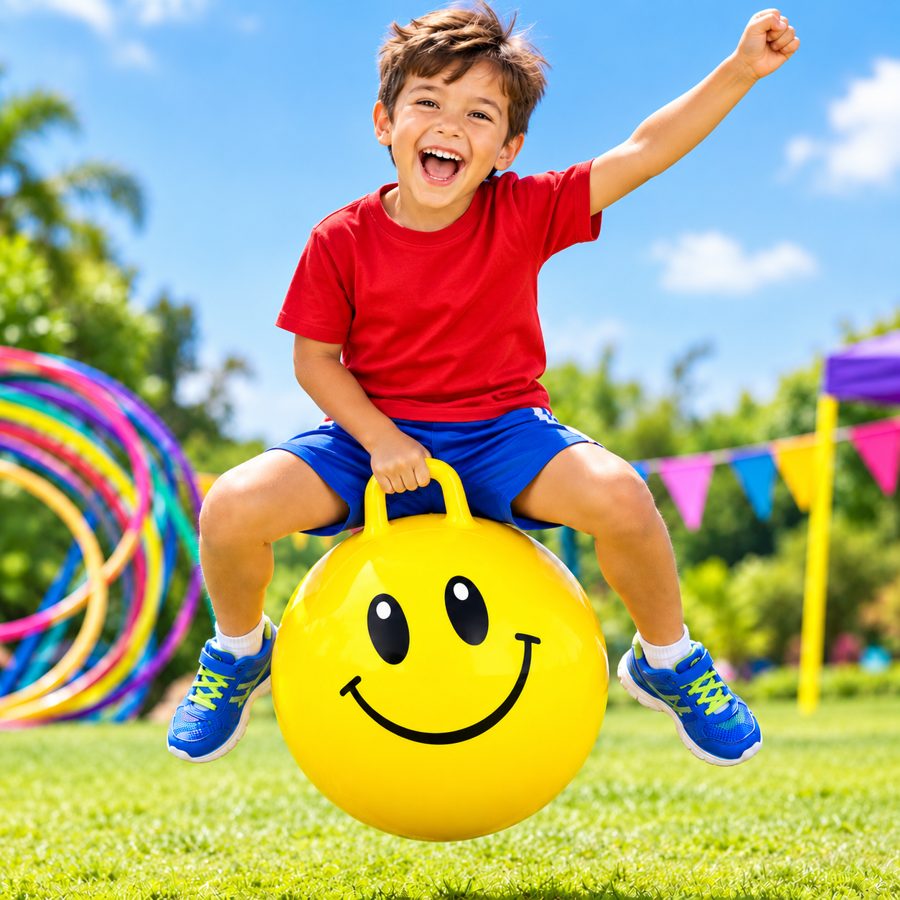 Laughing boy in a red shirt bouncing on a yellow smiley-face handled hopper ball at a Sunshine Hoops party