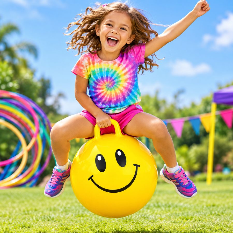 Laughing girl bouncing on a yellow smiley-face handled hopper ball at a Sunshine Hoops party