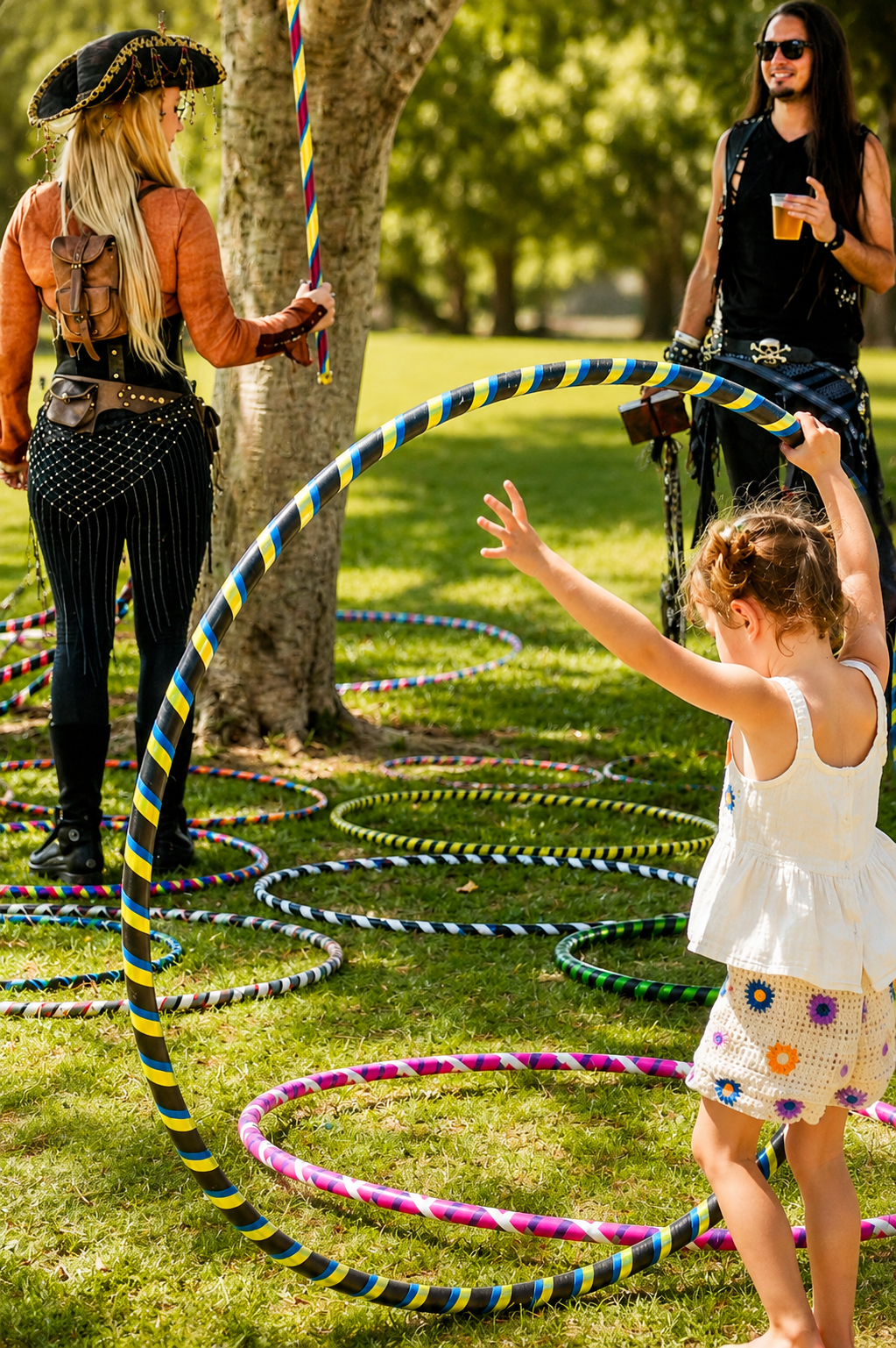 Young girl reaching for a giant Mambo hoop at a pirate themed Sunshine Hoops party