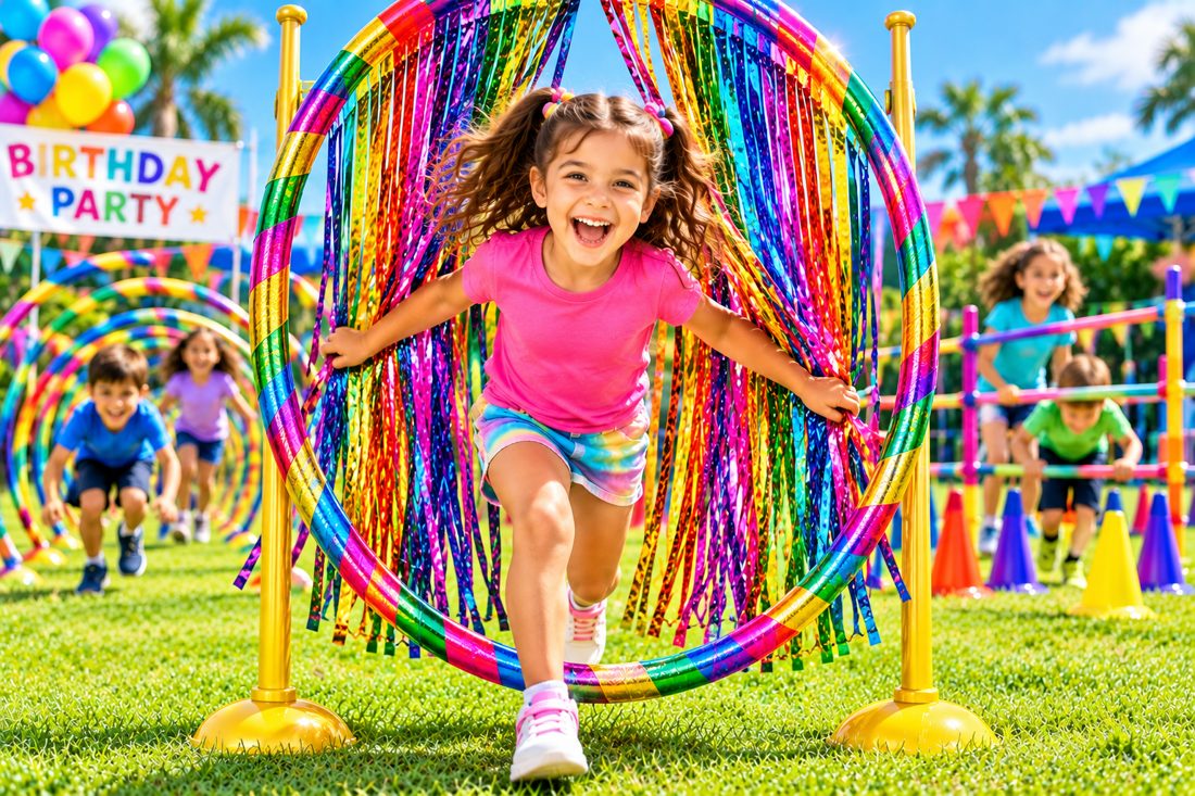 Laughing girl bursting through a rainbow streamer hoop on a Sunshine Hoops party obstacle course