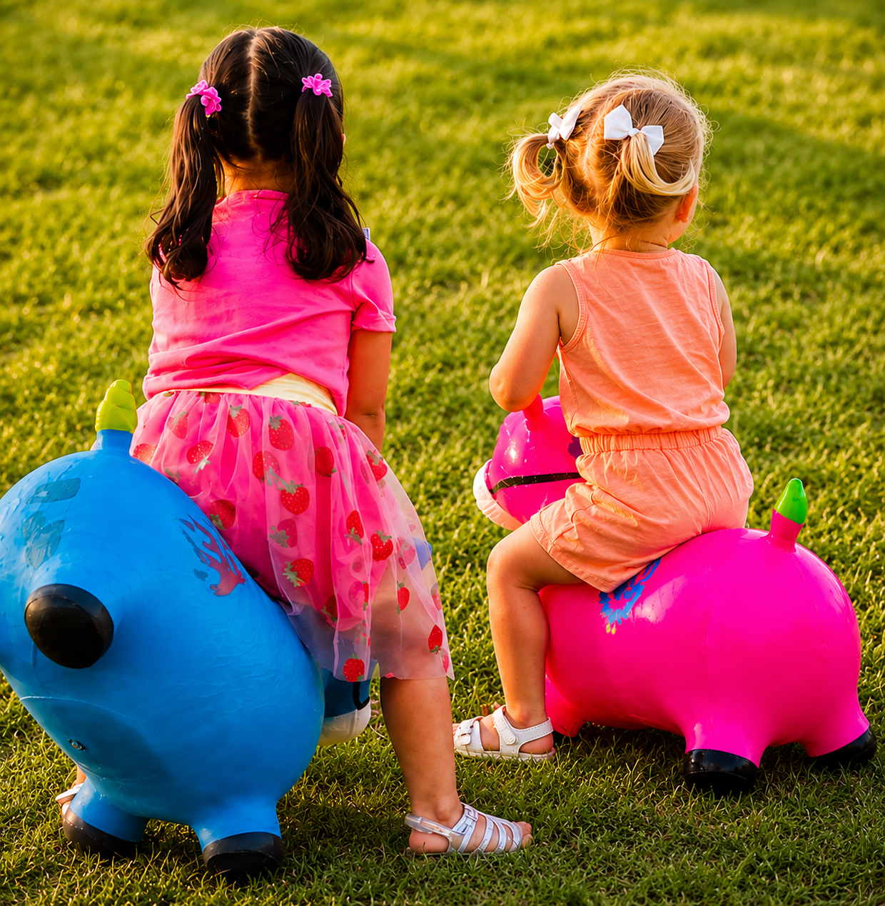 Kids bouncing on pony hopper balls at a Sunshine Hoops party